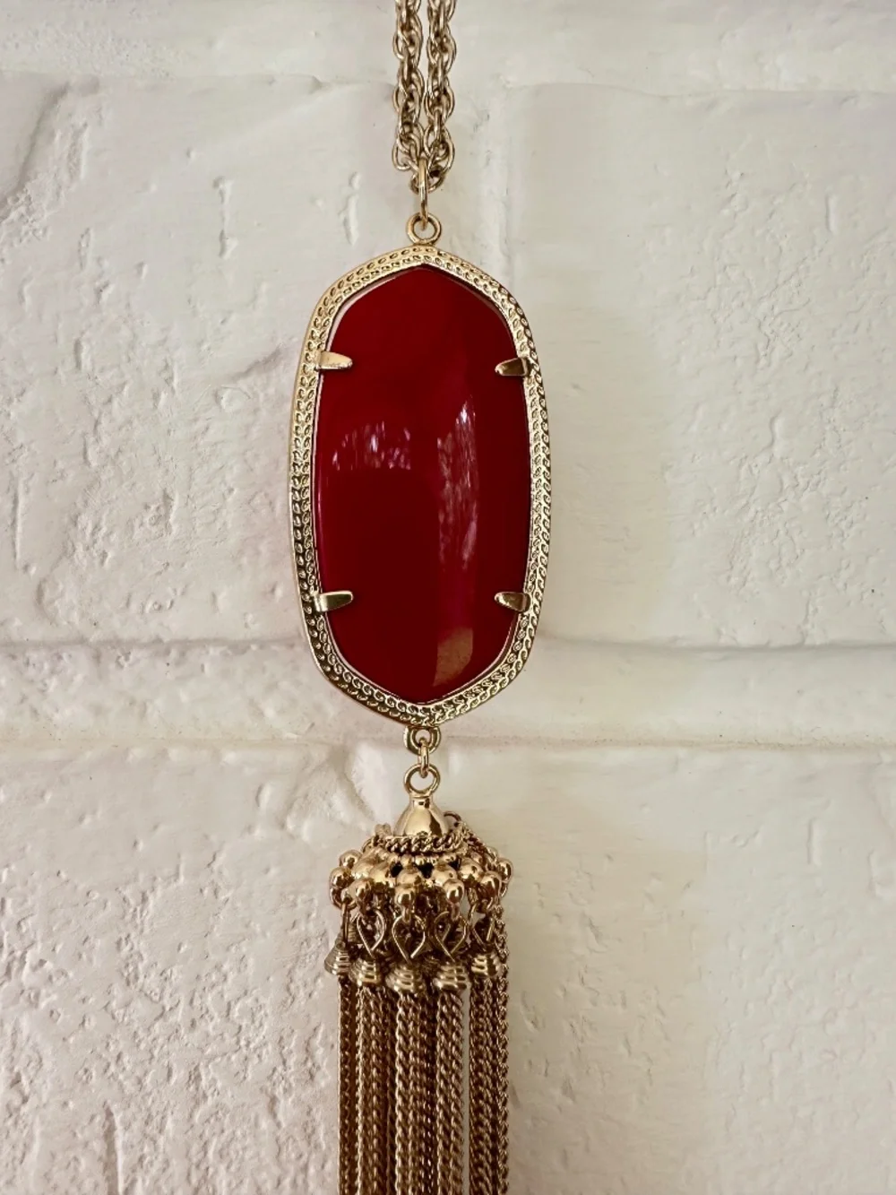Kendra Scott Rayne Tassel Bright Red Pendant Gold Tone Long Necklace
